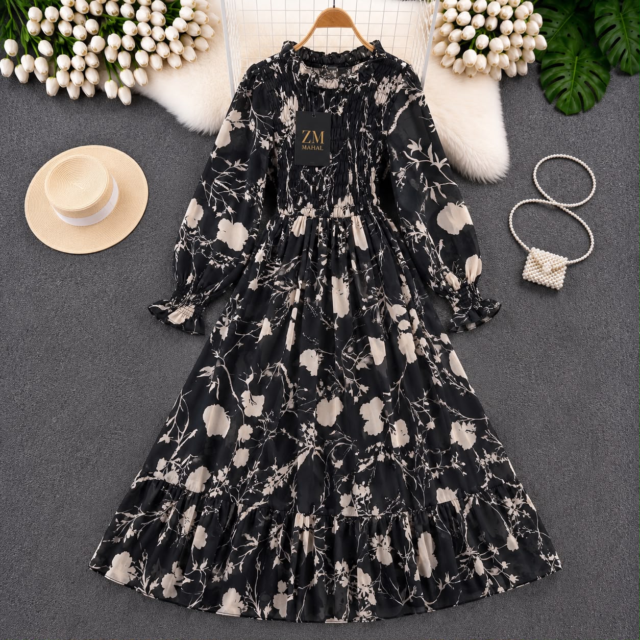 Imported Floral Chiffon Smocked Maxi Dress for Women in Black Beige Floral Print with Premium Chiffon Fabric and Smocked Fit