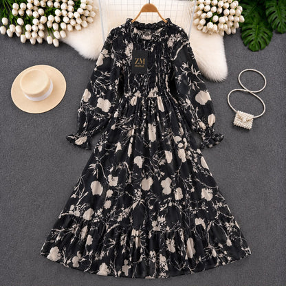Imported Floral Chiffon Smocked Maxi Dress for Women in Black Beige Floral Print with Premium Chiffon Fabric and Smocked Fit