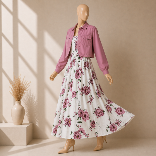 Floral Maxi Dress Set for Women – Turkish Style Smokie Maxi with Jacket