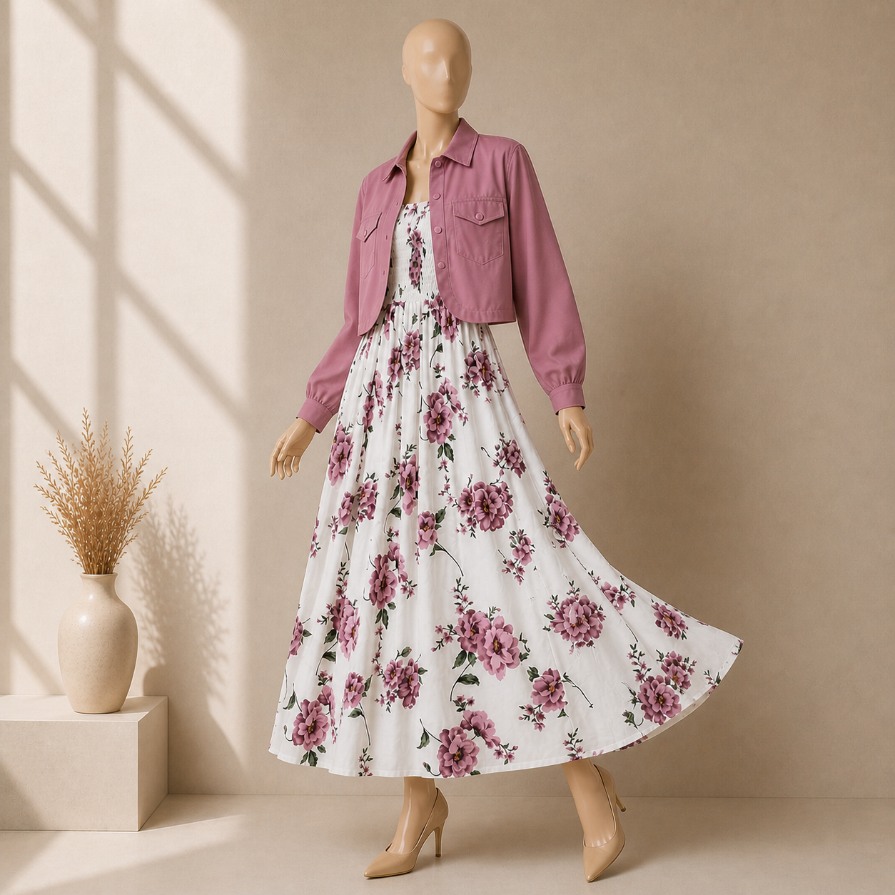 Floral Maxi Dress Set for Women – Turkish Style Smokie Maxi with Jacket