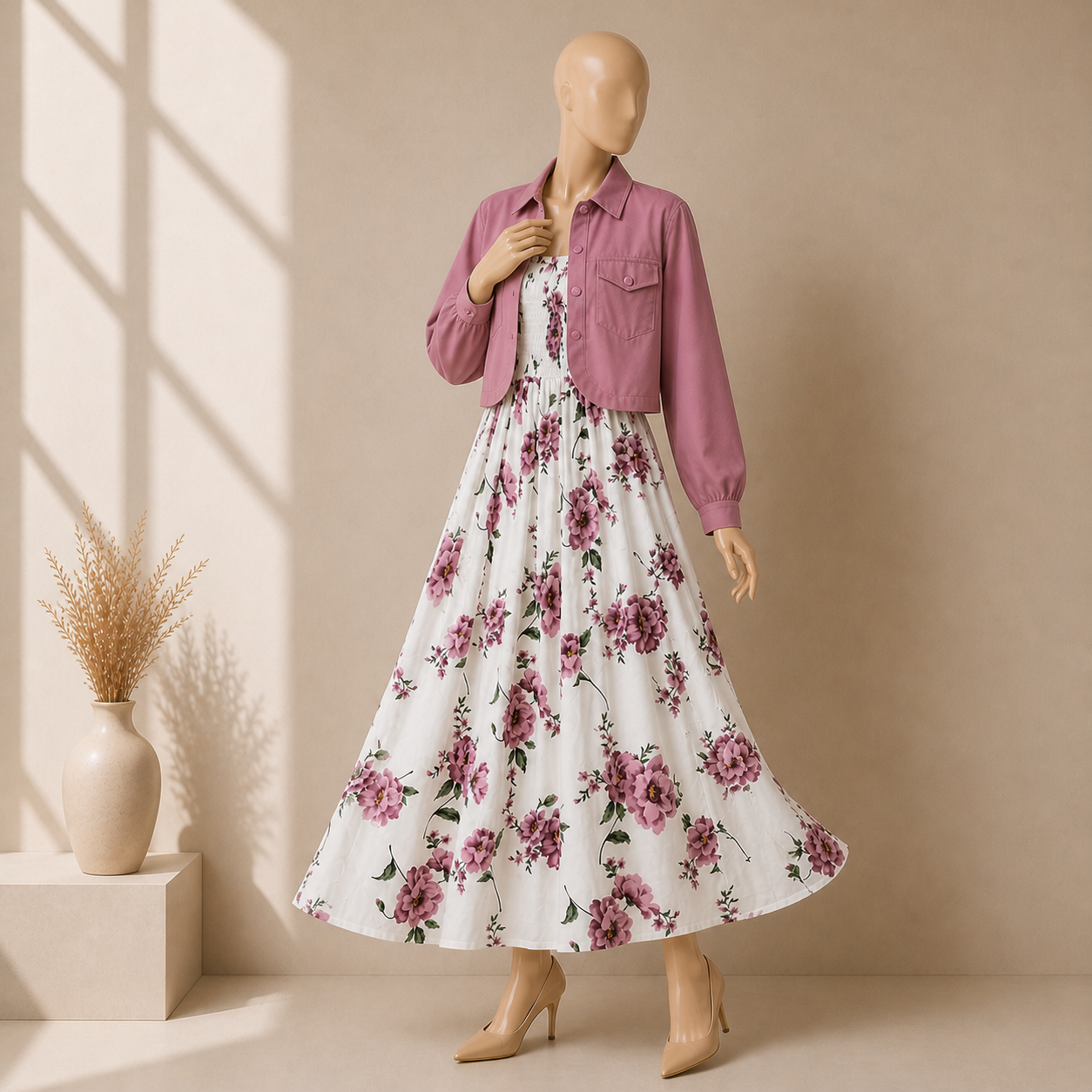 Floral Maxi Dress Set for Women – Turkish Style Smokie Maxi with Jacket