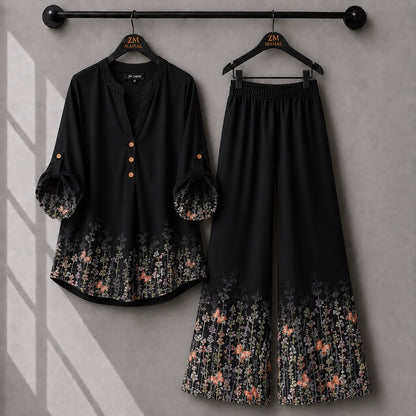 Black butterfly floral printed co-ord set with stylish shirt and wide-leg trousers.