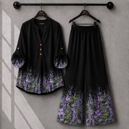Black floral co-ord set with elegant purple flower print and comfortable wide-leg pants.