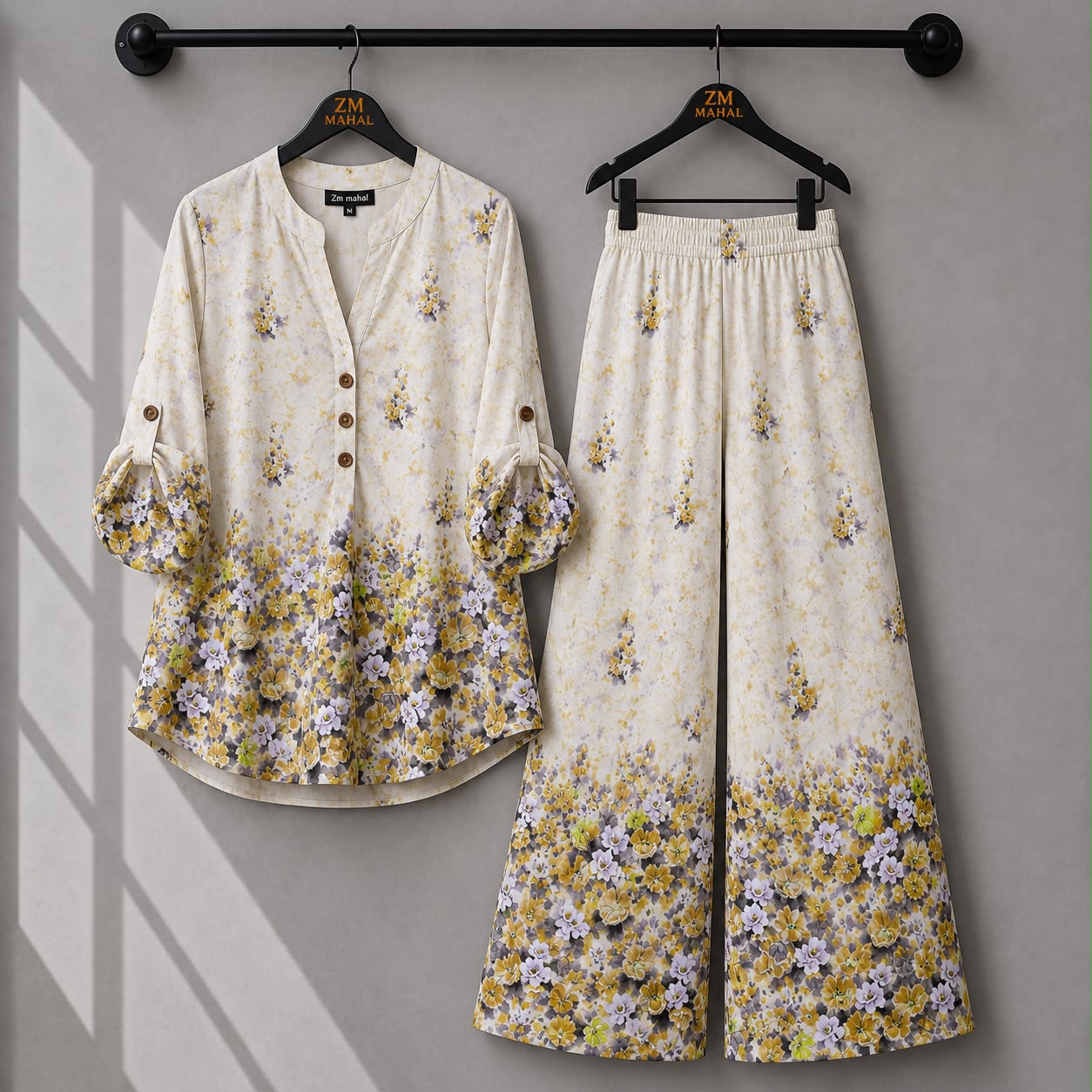 Ivory floral co-ord set with soft yellow flowers and comfortable wide-leg pants.