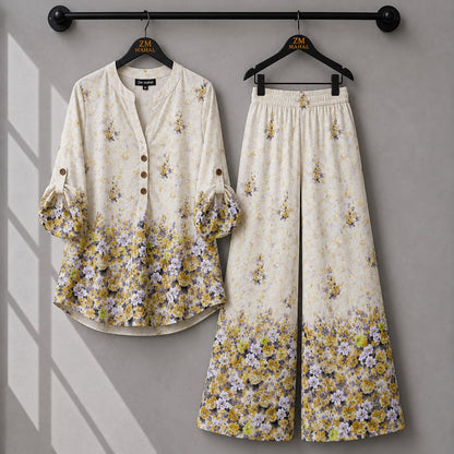 Ivory floral co-ord set with soft yellow flowers and comfortable wide-leg pants.