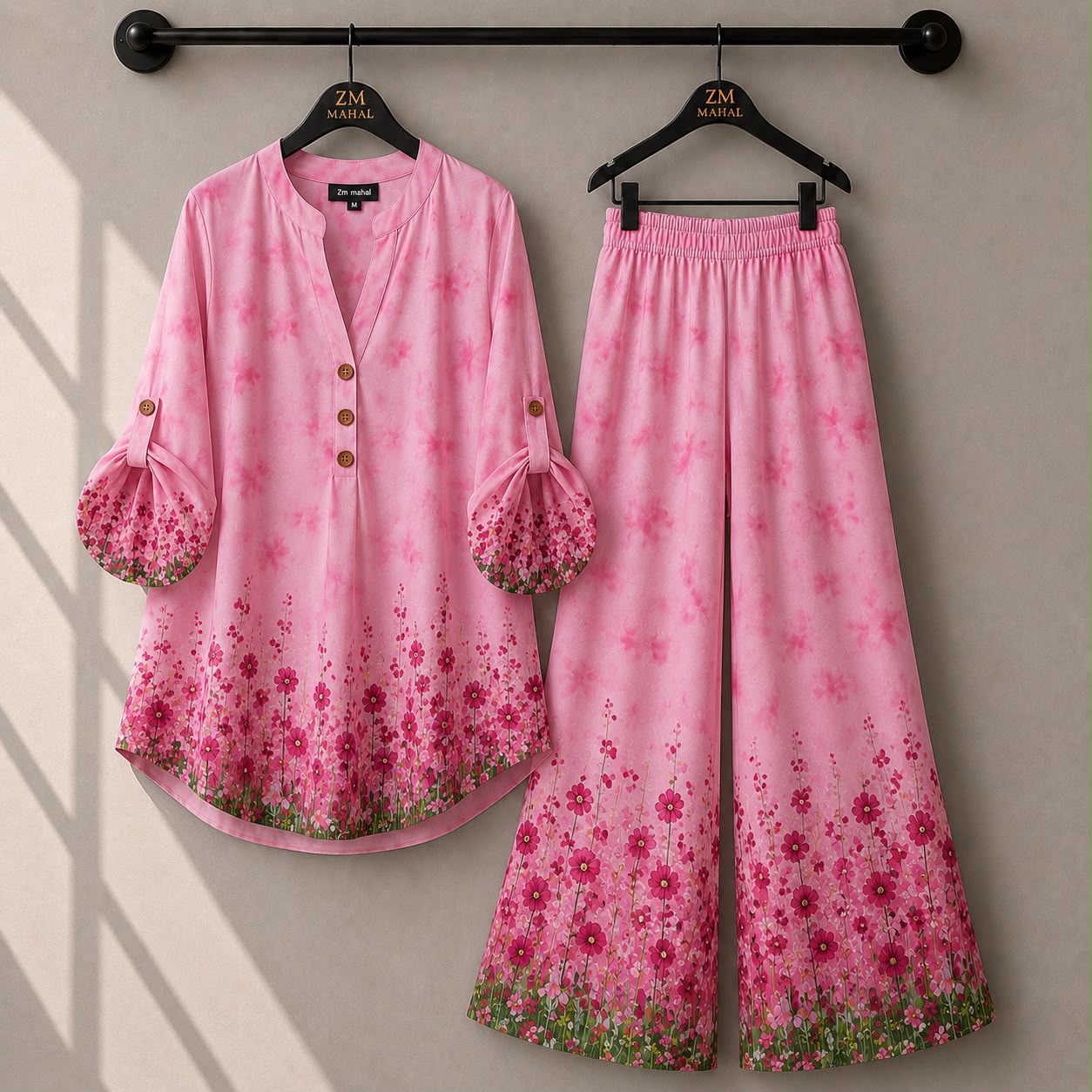 Soft pink floral women's co-ord set with elegant printed shirt and wide-leg pants.