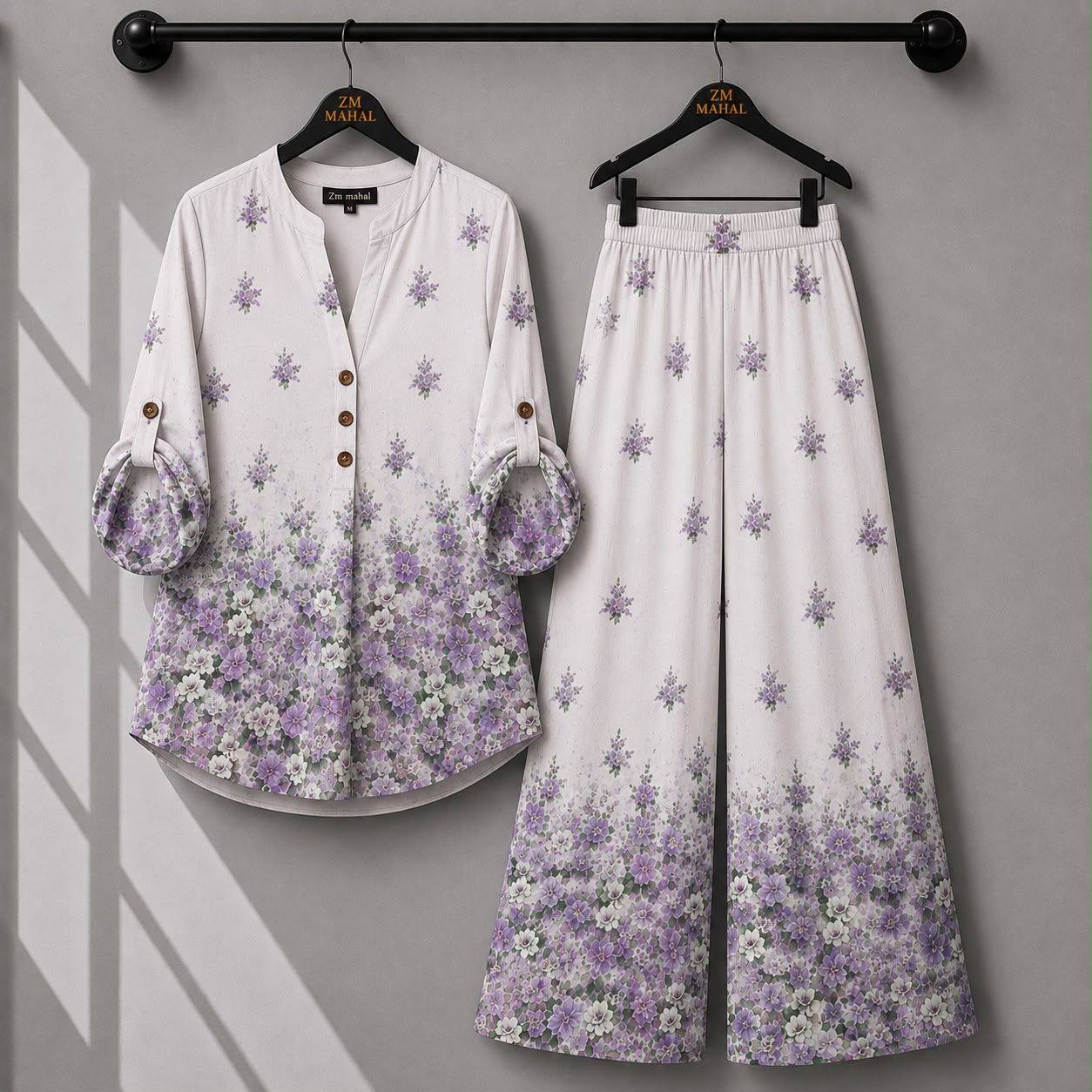White floral printed women's co-ord set featuring lavender flowers and matching trousers.