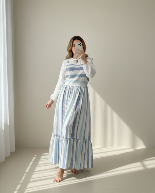 Blue Striped Georgette Maxi Dress for Women | Elegant Modest Long Dress