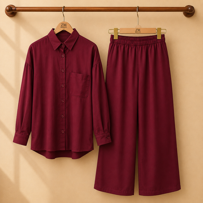 Textured Shirt & Wide-Leg Co-Ord Set