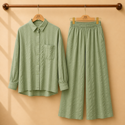 Textured Shirt & Wide-Leg Co-Ord Set