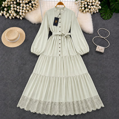 Turkish Lace Hem Belted Tiered Maxi Dress in Light Pistachio for Women - Premium Imported Modest Long Dress with Adjustable Waist Belt