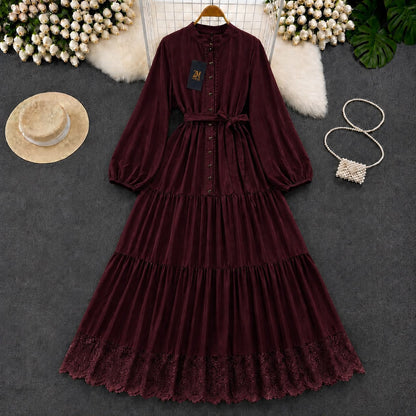 Turkish Lace Hem Belted Tiered Maxi Dress in Maroon for Women - Premium Imported Modest Long Dress with Adjustable Waist Belt
