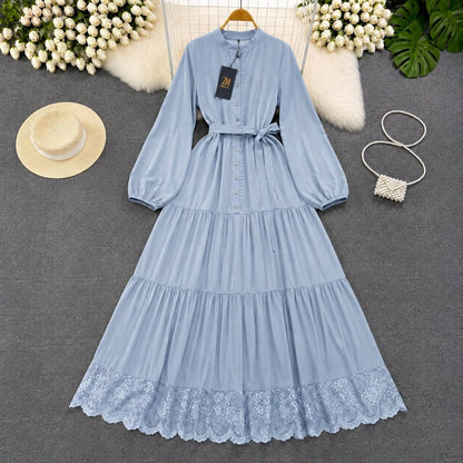 Turkish Lace Hem Belted Tiered Maxi Dress in Sky Blue for Women - Premium Imported Modest Long Dress with Adjustable Waist Belt
