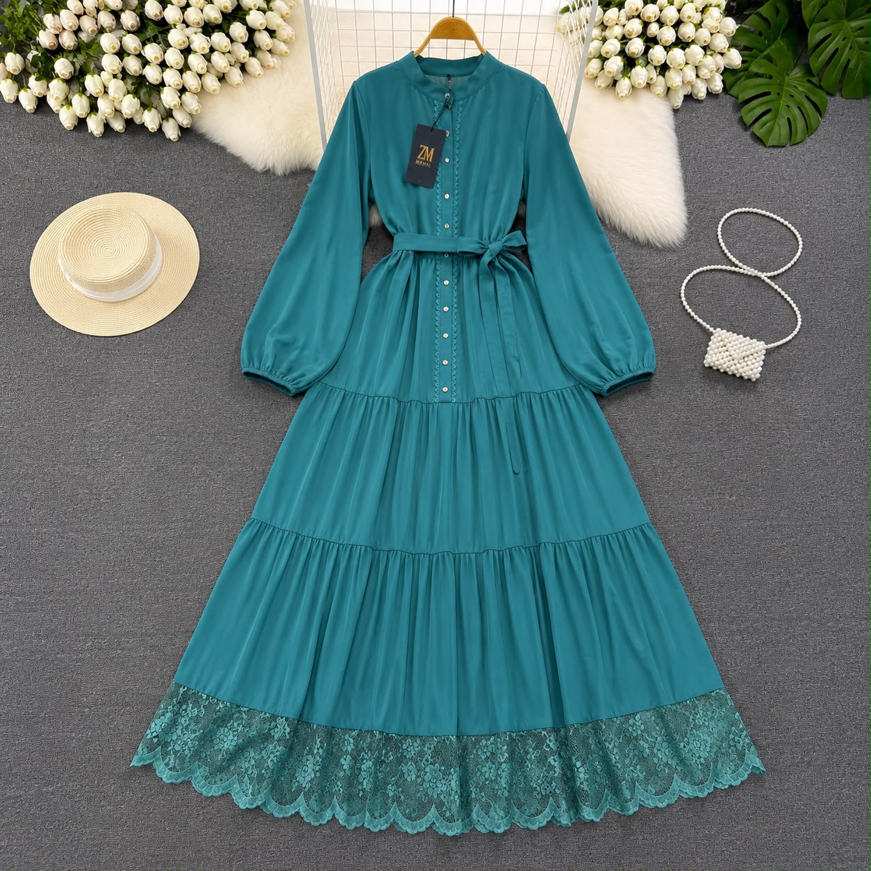 Turkish Lace Hem Belted Tiered Maxi Dress in Teal Blue for Women - Premium Imported Modest Long Dress with Adjustable Waist Belt