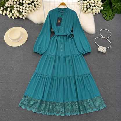 Turkish Lace Hem Belted Tiered Maxi Dress in Teal Blue for Women - Premium Imported Modest Long Dress with Adjustable Waist Belt