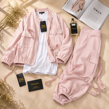 Women's utility cargo 3-piece jacket and trouser set in blush pink – SphereOutfit
