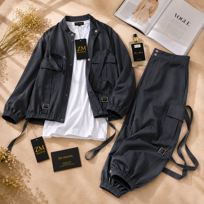 charcoal-grey.jpgWomen's utility cargo 3-piece jacket and trouser set in charcoal grey – SphereOutfit