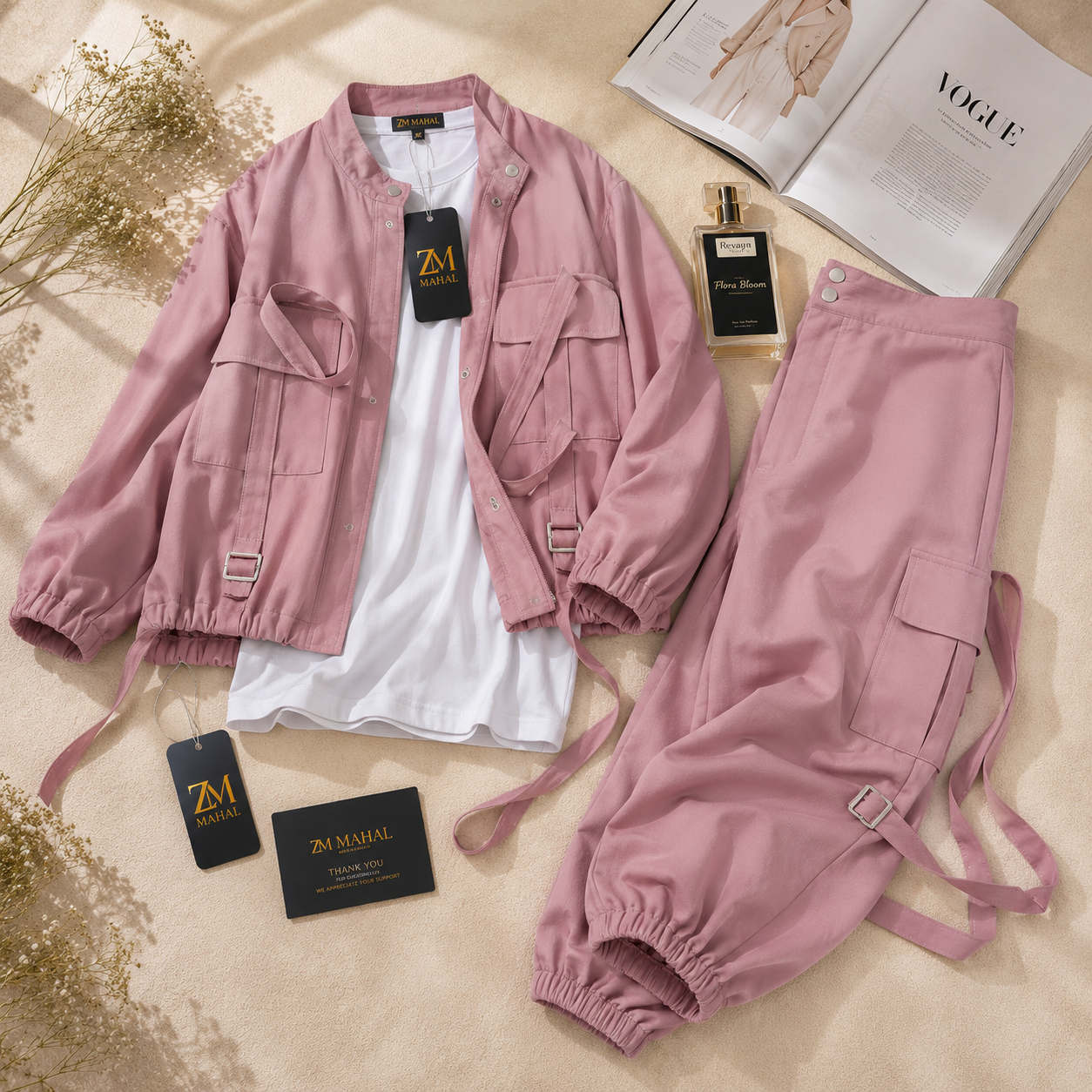 Women's utility cargo 3-piece jacket and trouser set in dusty rose – SphereOutfit