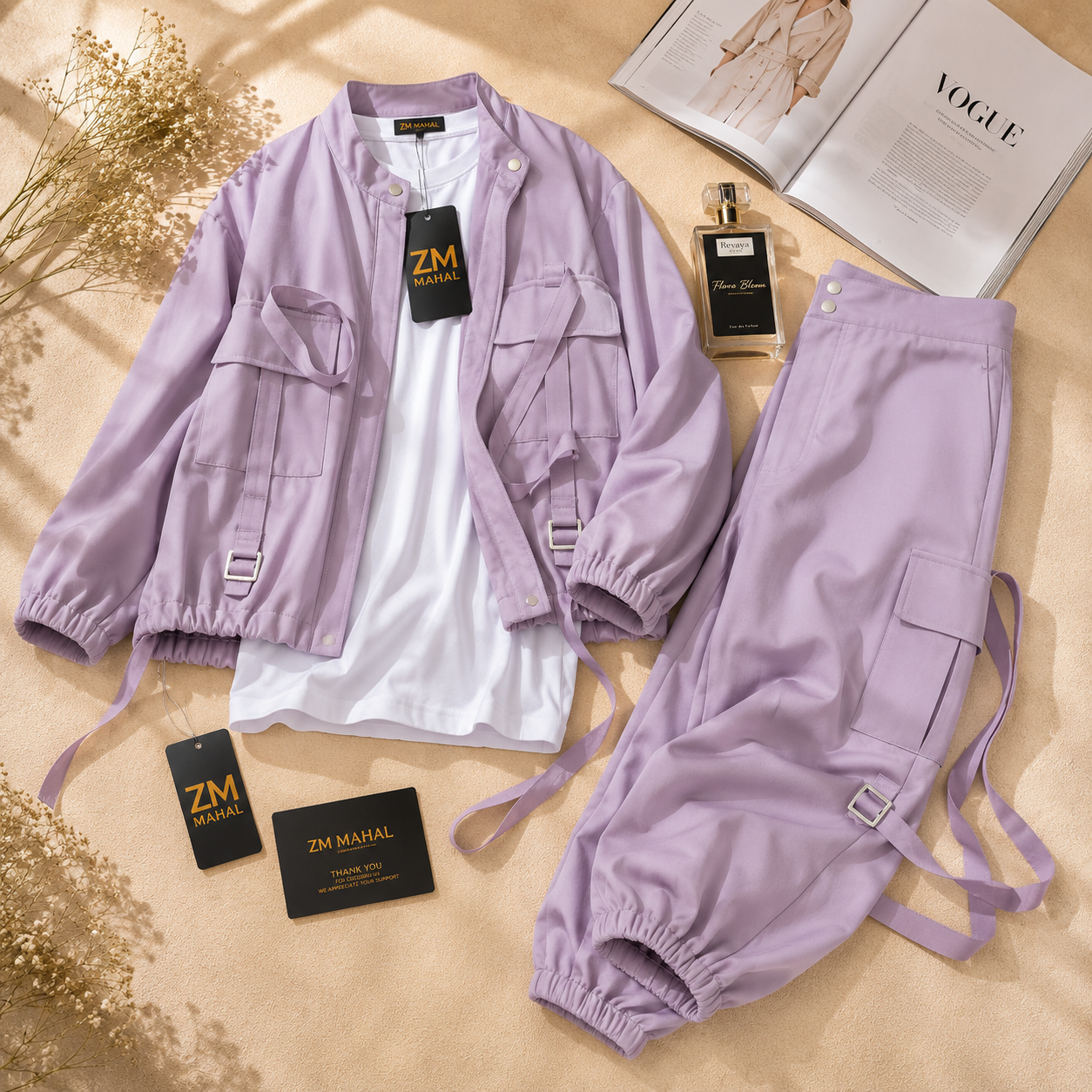 Women's utility cargo 3-piece jacket and trouser set in lilac – SphereOutfit