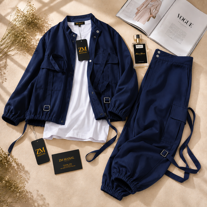 Women's utility cargo 3-piece jacket and trouser set in navy blue – SphereOutfit