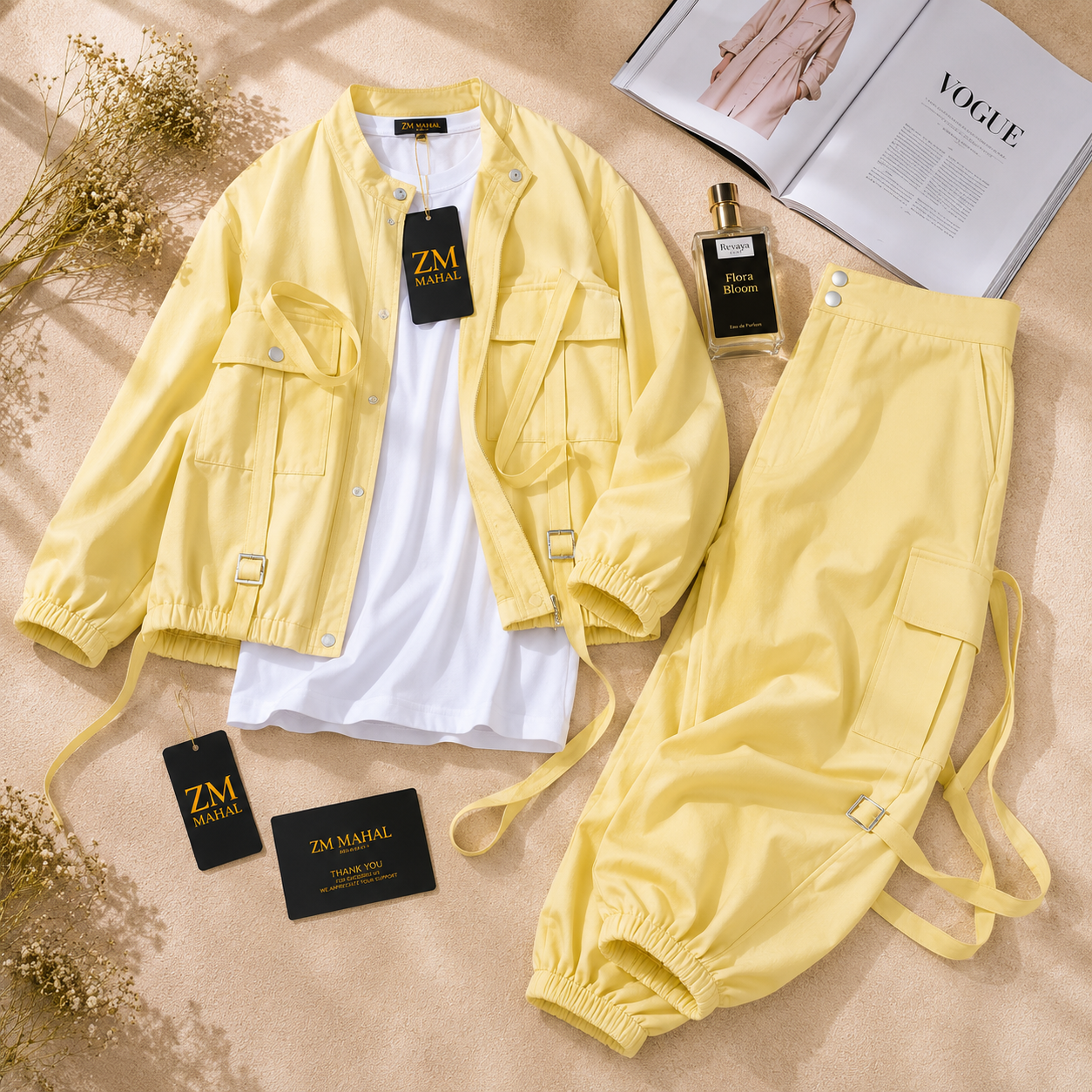 Women's utility cargo 3-piece jacket and trouser set in pastel yellow – SphereOutfit