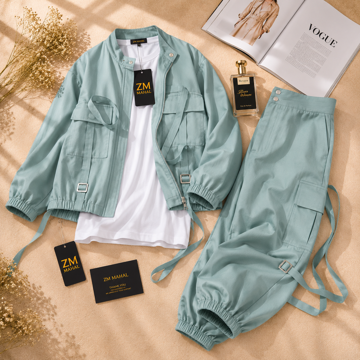 Women's utility cargo 3-piece jacket and trouser set in sage green – SphereOutfit