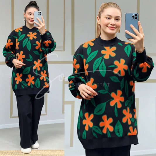 Women's Flower Print Fleece Tracksuit - Winter Wear